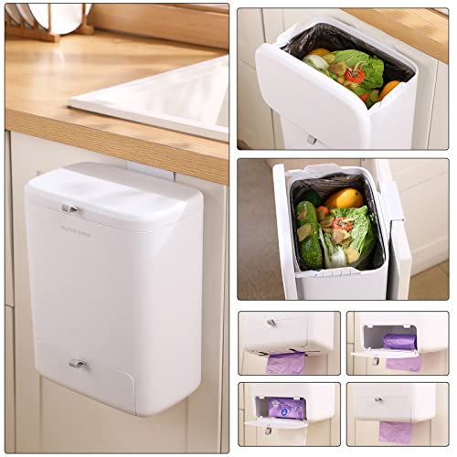 Kitchen Hanging Trash Can with Lid for Under Sink/Cupboard/Bathroom/Bedroom/Office/Camping,Small Wall-Mounted Indoor Kitchen Trash Bin,2.4 Gallon Kitchen Compost Bin