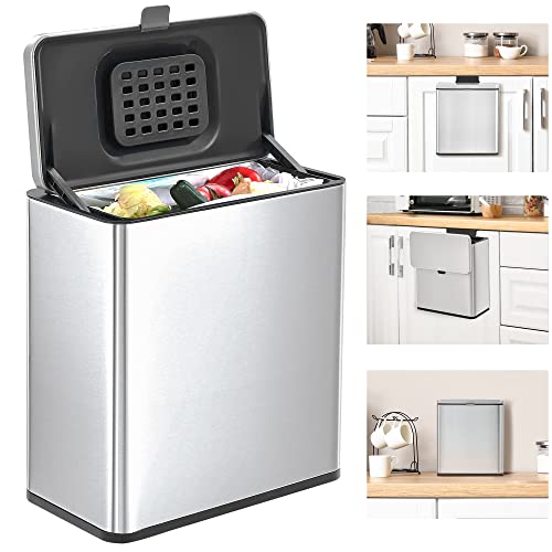 LAND·VOI Hanging Kitchen Compost Bin 6 Liter/1.6 Gallon, Small Trash Can with Detachable Inner Bucket for Cupboard/Countertop/Bathroom/Camping, Includes Charcoal Filter, Brushed Stainless Steel