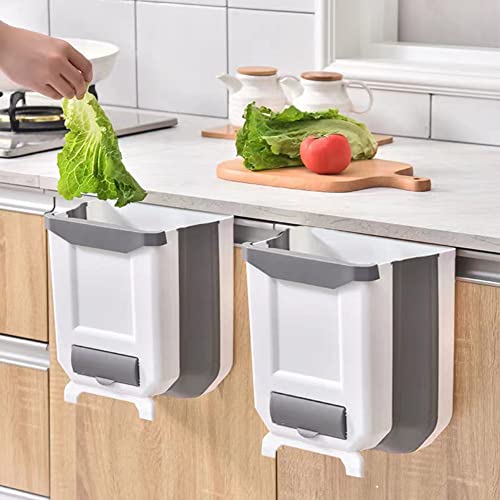 Lckaien 2 Pack Kitchen Trash Can Foldable Waste Bin for Kitchen Collapsible Hang Small Plastic Garbage Can 2.4 Gallon for Cabinet/Car/Bedroom/Bathroom (White)