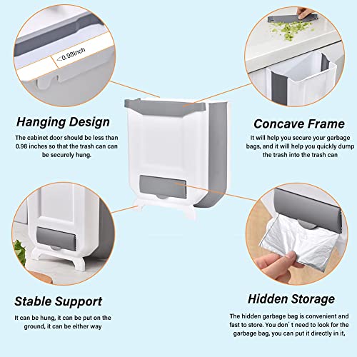 Lckaien 2 Pack Kitchen Trash Can Foldable Waste Bin for Kitchen Collapsible Hang Small Plastic Garbage Can 2.4 Gallon for Cabinet/Car/Bedroom/Bathroom (White)