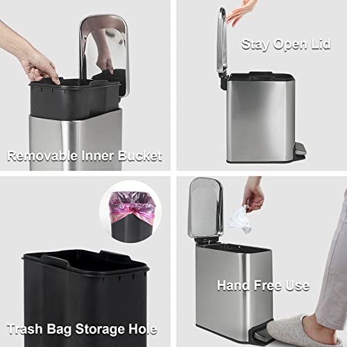 LAISU 6L/1.6Gal Stainless Steel Trash Can with Lid Soft Close, Removable Inner Wastebasket, Slim Small Garbage Can, Step Trash Bin for Bathroom Bedroom Office, Anti-Fingerprint Finish, Silver