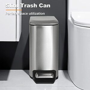 LAISU 6L/1.6Gal Stainless Steel Trash Can with Lid Soft Close, Removable Inner Wastebasket, Slim Small Garbage Can, Step Trash Bin for Bathroom Bedroom Office, Anti-Fingerprint Finish, Silver