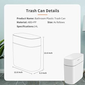 Garbage Can with Lid for Bathroom, JOYBOS Small Trash Can with Press Type Cover, Slim Narrow 14L Waste Bin, Suit for Bedroom, Laundry, Office, Kids Room, Living Room