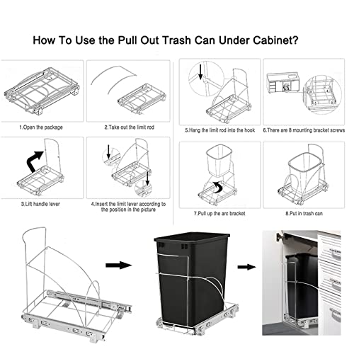 VIRRIRAVY Pull Out Trash Can Under Cabinet,Garbage Slide Out Trash Can Shelf for Kitchen,Heavy Duty Adjustable Pull Out Trash Can -Trash Can not Included，Durable Metal, Chrome