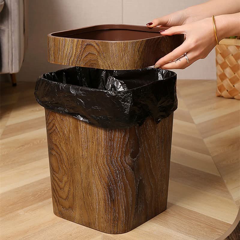 GENIGW Wood Grain Trash Can Large Capacity Thicken Rectangular Round Waterproof Trash Bin Home Office Kitchen Toilet Paper Basket