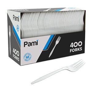 pami medium-weight disposable plastic forks [400-pack] – bulk white plastic silverware for parties, weddings, catering food stands, takeaway orders & more- sturdy single-use partyware forks