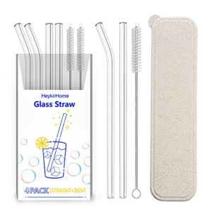 heykirhome 4-pack reusable glass straw with travel case,size 8.5”x10 mm,including 2 straight and 2 bent with 2 cleaning brush- perfect for smoothies, tea, juice
