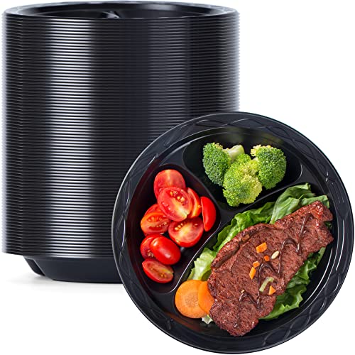 YANGRUI Reusable Plastic Plate, 9 Inch 3 Compartments 150 Pack Food Grade Meterial BPA Free Black Dinner Plates