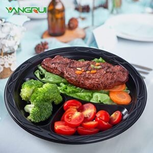 YANGRUI Reusable Plastic Plate, 9 Inch 3 Compartments 150 Pack Food Grade Meterial BPA Free Black Dinner Plates