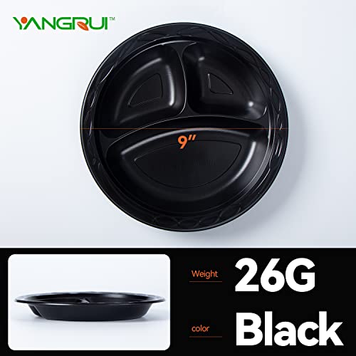 YANGRUI Reusable Plastic Plate, 9 Inch 3 Compartments 150 Pack Food Grade Meterial BPA Free Black Dinner Plates