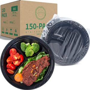 YANGRUI Reusable Plastic Plate, 9 Inch 3 Compartments 150 Pack Food Grade Meterial BPA Free Black Dinner Plates