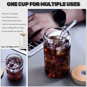 YYC Glass Cups with Lids and Straws 4pcs[Coffee Accessories Gifts],16oz Iced Coffee Cups with Lids-Beer Can Glass with Lids and Straw,Cute Glass Cups Drinking Glasses Set w Silicone Sleeve/Stickers