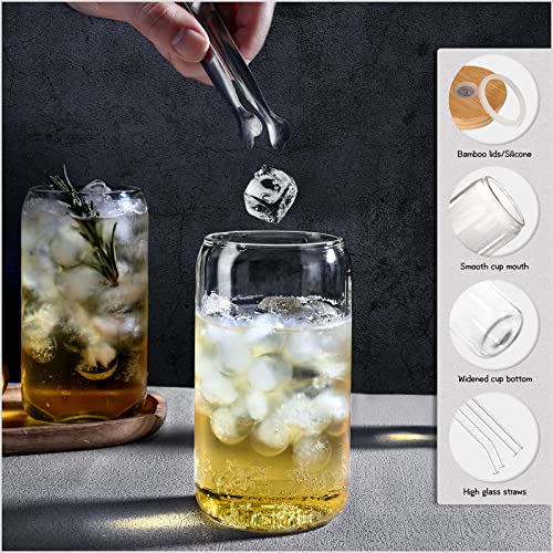 YYC Glass Cups with Lids and Straws 4pcs[Coffee Accessories Gifts],16oz Iced Coffee Cups with Lids-Beer Can Glass with Lids and Straw,Cute Glass Cups Drinking Glasses Set w Silicone Sleeve/Stickers