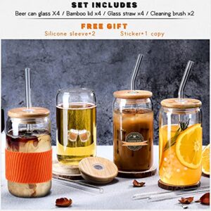 YYC Glass Cups with Lids and Straws 4pcs[Coffee Accessories Gifts],16oz Iced Coffee Cups with Lids-Beer Can Glass with Lids and Straw,Cute Glass Cups Drinking Glasses Set w Silicone Sleeve/Stickers