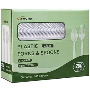 [200 count] heavy duty plastic forks and spoons set – disposable spoons and forks, 100 plastic forks and 100 plastic spoons for party – clear