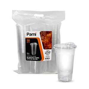 PAMI Clear 24oz Plastic Cups With Sip Lids [Pack of 50] - BPA-Free Disposable Clear Cups With Strawless Lids For Cold Drinks- To-Go Cups With Lids For Iced Coffee & Tea, Smoothies, Boba, Cocktails