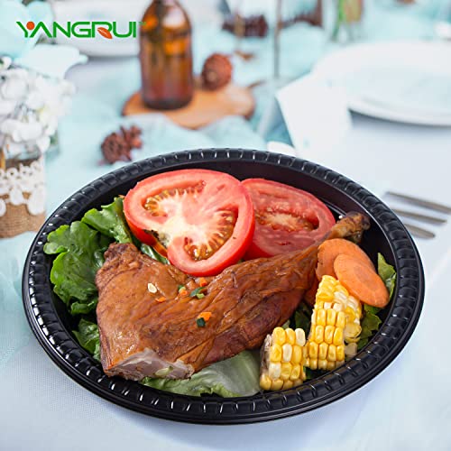 YANGRUI Reusable Plastic Plates, 9 Inch 150 Pack Food Grade Meterial BPA Free Black Dinner Plates