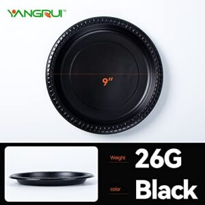 YANGRUI Reusable Plastic Plates, 9 Inch 150 Pack Food Grade Meterial BPA Free Black Dinner Plates