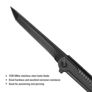 FUNBRO EDC Pocket Knife for Men, Tanto Folding Knives with 7CR13Mov Stainless Steel Blade, Slim Survival Knife with Clip, Window Breaker, Flipper Open and Liner Lock for Outdoor Camping