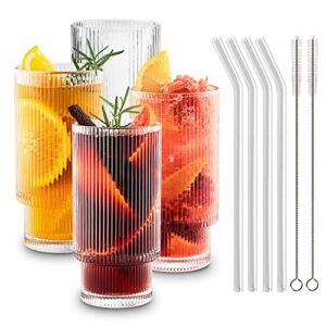 gracenal ribbed glass cups with straws 12oz, drinking glasses set of 4, ribbed glassware, cocktail glasses, vintage glassware, whiskey glasses, coffee bar accessories, iced coffee cups for cute gifts
