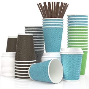 MRcup [40 Packs] 12oz Insulated Triple Wall Coffee Cups with Lids and Straws, PerfectTouch Leakfree Disposable Coffee Cups, Anti-slip Anti-spill Togo Hot & Cold Reusable Paper Cups, Colorful