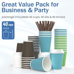 MRcup [40 Packs] 12oz Insulated Triple Wall Coffee Cups with Lids and Straws, PerfectTouch Leakfree Disposable Coffee Cups, Anti-slip Anti-spill Togo Hot & Cold Reusable Paper Cups, Colorful