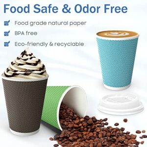 MRcup [40 Packs] 12oz Insulated Triple Wall Coffee Cups with Lids and Straws, PerfectTouch Leakfree Disposable Coffee Cups, Anti-slip Anti-spill Togo Hot & Cold Reusable Paper Cups, Colorful