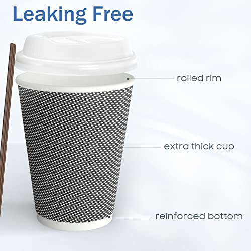 MRcup [40 Packs] 12oz Insulated Triple Wall Coffee Cups with Lids and Straws, PerfectTouch Leakfree Disposable Coffee Cups, Anti-slip Anti-spill Togo Hot & Cold Reusable Paper Cups, Colorful