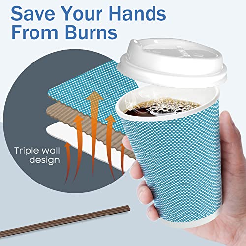 MRcup [40 Packs] 12oz Insulated Triple Wall Coffee Cups with Lids and Straws, PerfectTouch Leakfree Disposable Coffee Cups, Anti-slip Anti-spill Togo Hot & Cold Reusable Paper Cups, Colorful