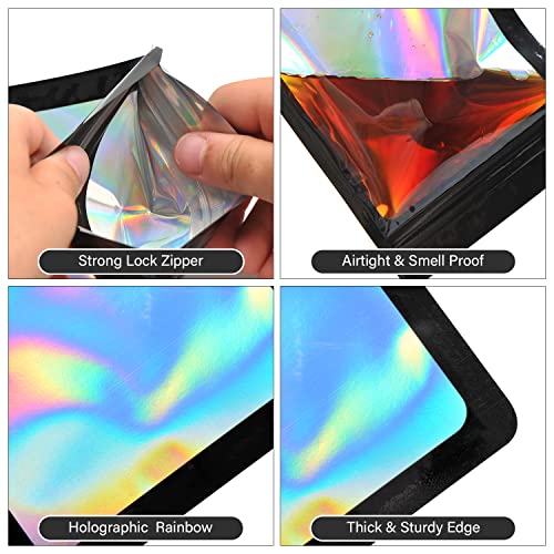 100-pack mylar bags with clear window holographic smell proof packaging bag for small bussiness resealable lock zipper zip sealable pouch plastic bags sample, food ,jewelry,candy supplies（3×3 inch，black ）