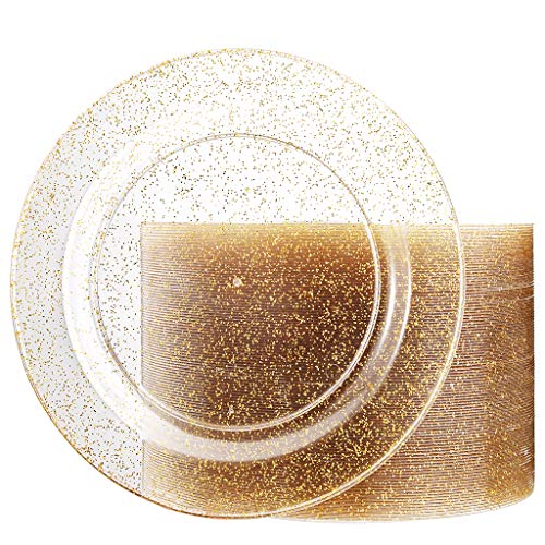 Liacere 100Pieces Gold Plastic Plates-Disposable Gold Glitter Appetizer Plates-7.5inch Premium Plastic Salad/Dessert Plates for Wedding &Parties