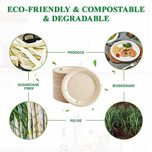 Vplus 150 Pack Paper Plates 9 inch 100% Compostable Plates Heavy-Duty Disposable Paper Plates Bagasse Natural Biodegradable Eco-Friendly Sugarcane Plates