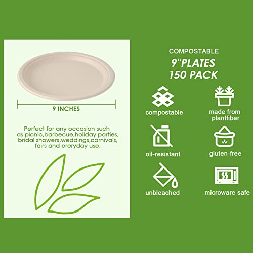 Vplus 150 Pack Paper Plates 9 inch 100% Compostable Plates Heavy-Duty Disposable Paper Plates Bagasse Natural Biodegradable Eco-Friendly Sugarcane Plates