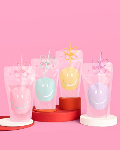 xo, Fetti Smiley Drink Pouches + Butterfly Straws - 16 count | Bday Cups, Happy Pastel Birthday Party Decorations, Cute Bachelorette Party, Cool Drinkware