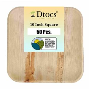 dtocs palm leaf plates 10 inch square 50 pack dinner plate | disposable bamboo plate like compostable plates, charcuterie board, cheese platter | wedding plate set better than paper plates