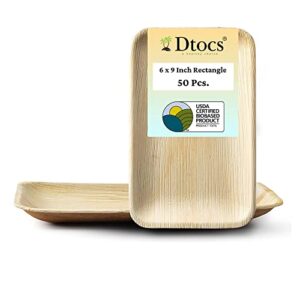 dtocs palm leaf plates 6×9 inch rectangle tray (pack 50) | bamboo plate like biodegradable compostable plate, disposable charcuterie board, mini cheese board | sturdy than heavy duty paper plates