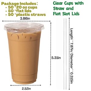 botogift [50 Sets]  20 oz Clear Plastic Cups with Flat Lids and STRAWS, Disposable Coffee Cups, Drinking Cups for Cold Drinks, Milkshakes, Juice, Smoothies, Slurpee