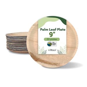 dtocs palm leaf plate set (50 pc) bamboo plate like 9 inch round dinner plates| disposable party plates, charcuterie boards, platter sturdy than heavy duty paper plates for weddings, parties, catering