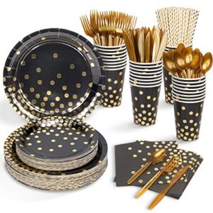 decorlife black paper plates, 400pcs serves 50, black and gold plates and napkins party supplies, 12oz cups, utensils, straws for graduation homecoming retirement anniversary birthday party