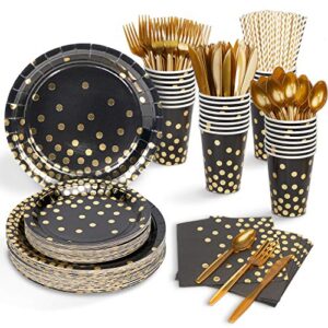 DECORLIFE Black Paper Plates, 400PCS Serves 50, Black and Gold Plates and Napkins Party Supplies, 12oz Cups, Utensils, Straws for Graduation Homecoming Retirement Anniversary Birthday Party