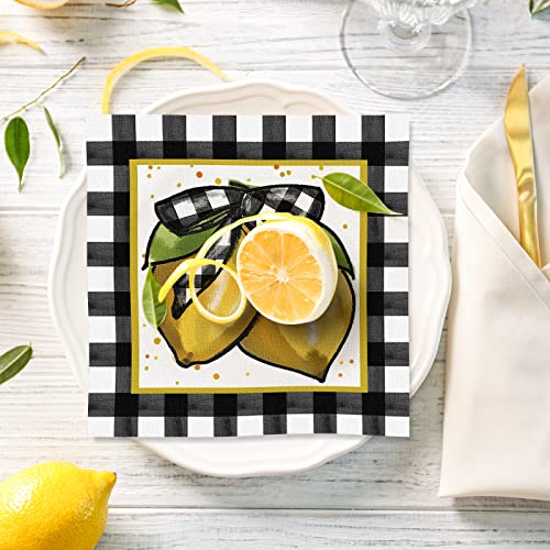 AnyDesign 100 Pack Lemon Napkins Disposable Paper Decorative Napkins Buffalo Plaids Lemon Dessert Dinner Hand Napkin for Spring Summer Luncheon Buffet Birthday Wedding Party Supplies, 6.5 x 6.5 In