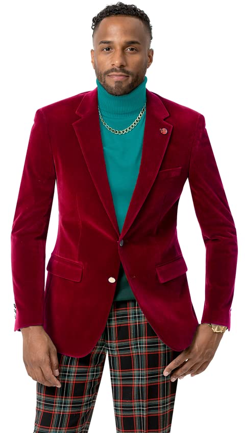 Mens Solid Velvet Blazers Use for Parties Christmas Holiday Red