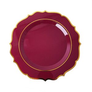 20 pcs of 10.5″ burgundy round dinner plates with gold scalloped rim wedding tableware