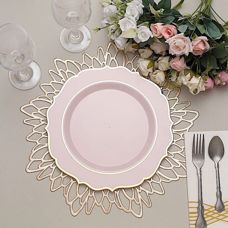 10 Pcs of 10.5" Blush Round Dinner Plates With Gold Scalloped Rim Wedding Tableware