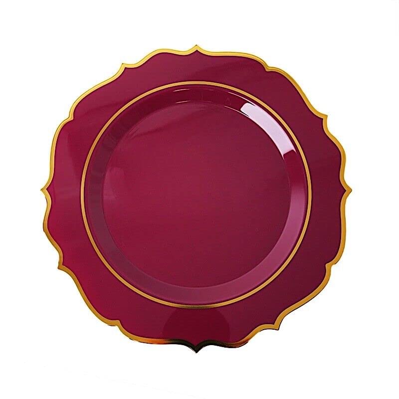 30 Pcs of 10.5" Burgundy Round Dinner Plates With Gold Scalloped Rim Wedding Tableware