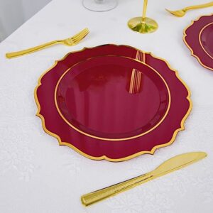 30 Pcs of 10.5" Burgundy Round Dinner Plates With Gold Scalloped Rim Wedding Tableware