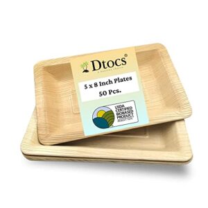dtocs palm leaf plates 5×8 inch rectangle tray (50 pc) -disposable bamboo tray look mini charcuterie board set, dessert serving tray, pasta plate | dinnerware set sturdy than heavy duty paper plates