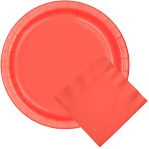 CUSINIUM [24 pcs] 10" Coral Orange Paper Banquet Large Plates with [50 pcs] 3-ply Coral Orange Party Napkins