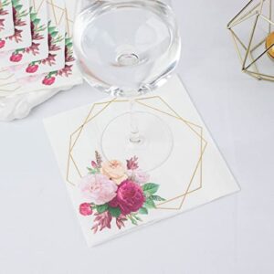 efavormart 20 pack | 2 ply soft white/gold hexagon frame floral paper napkins, wedding dinner cocktail beverage napkins