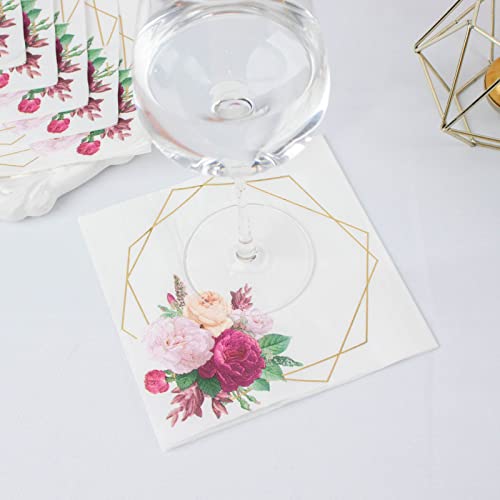 Efavormart 20 Pack | 2 Ply Soft White/Gold Hexagon Frame Floral Paper Napkins, Wedding Dinner Cocktail Beverage Napkins